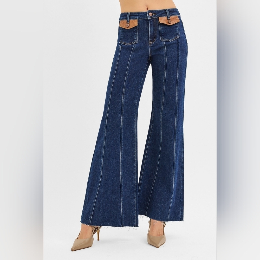 RISEN HR Dark Wide Flare Jeans Front Seam Leather Flap Patch Pocket Various NEW - Picture 3 of 13